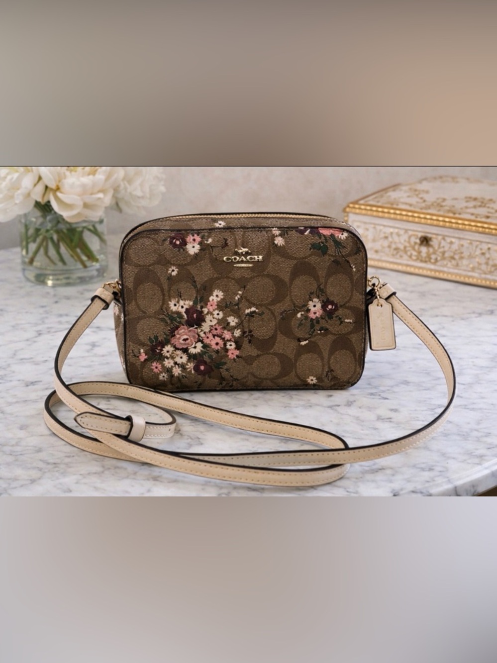 Coach Brown Signature Floral Crossbody with Cream Strap